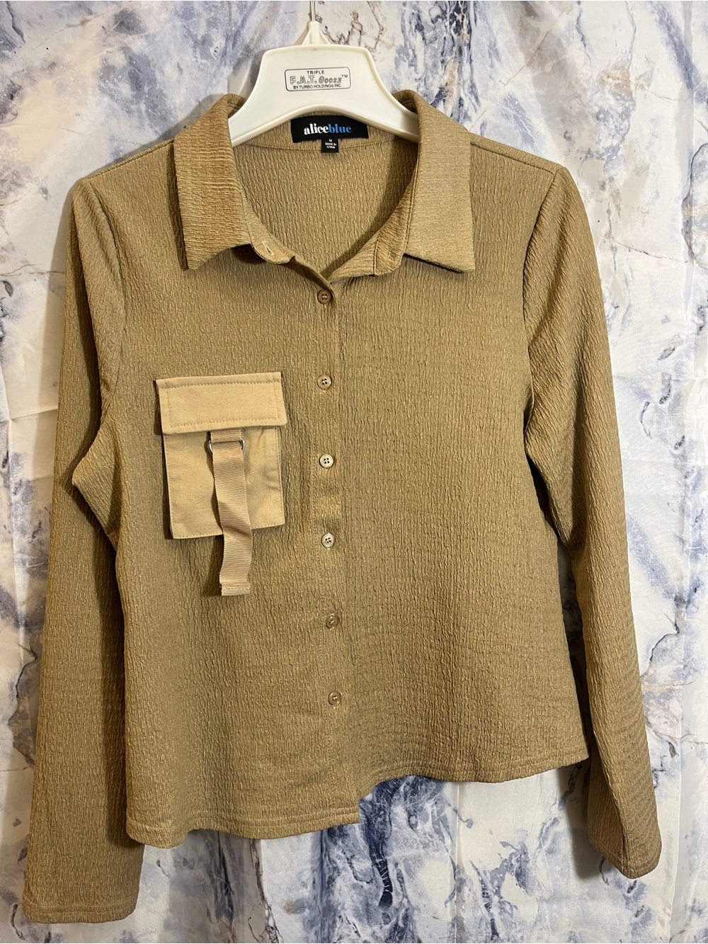 Alice Blue Women's Tan Button-Front Long Sleeve Shirt with Utility Pocket